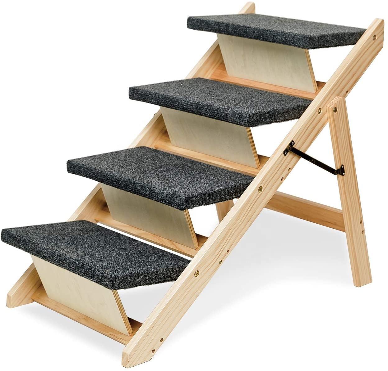 Cowboy Wooden Pet Stairs 4-Step Pet Ladder Cat Dog Easy Stairs with Detachable Carpet for High Bed and Couch