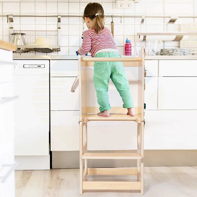 Foldable Learning Kitchen Helper Tower Toddler Footstool Climbing Chair with Multi-functional Blackboard Footstool